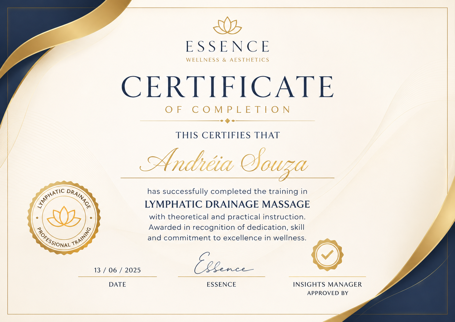 Lymphatic Drainage Massage certificate awarded to Andréia Souza