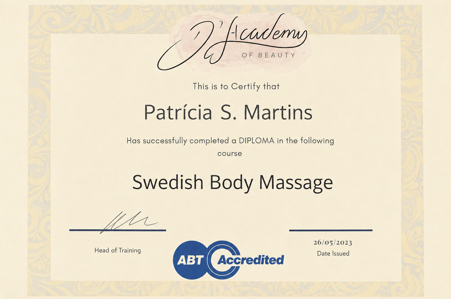 Swedish Body Massage diploma certificate awarded to Patrícia S. Martins